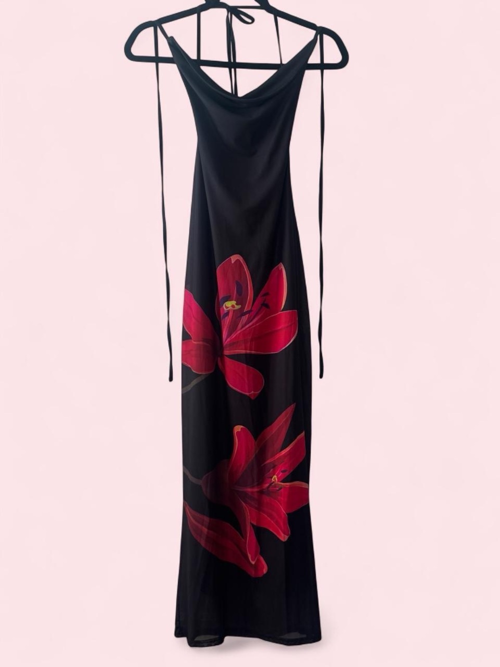 Black Maxi Dress with Red Floral Detail
